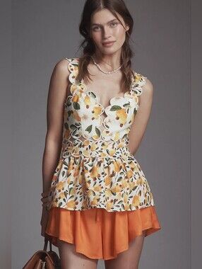 💖💖 NWT Farm Rio x Anthropologie Linen Blend Scallop Tank Top Size XL